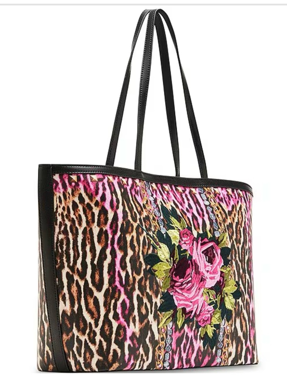 Betsey Johnson Pink & Brown Leopard Rose Embroidered Tote